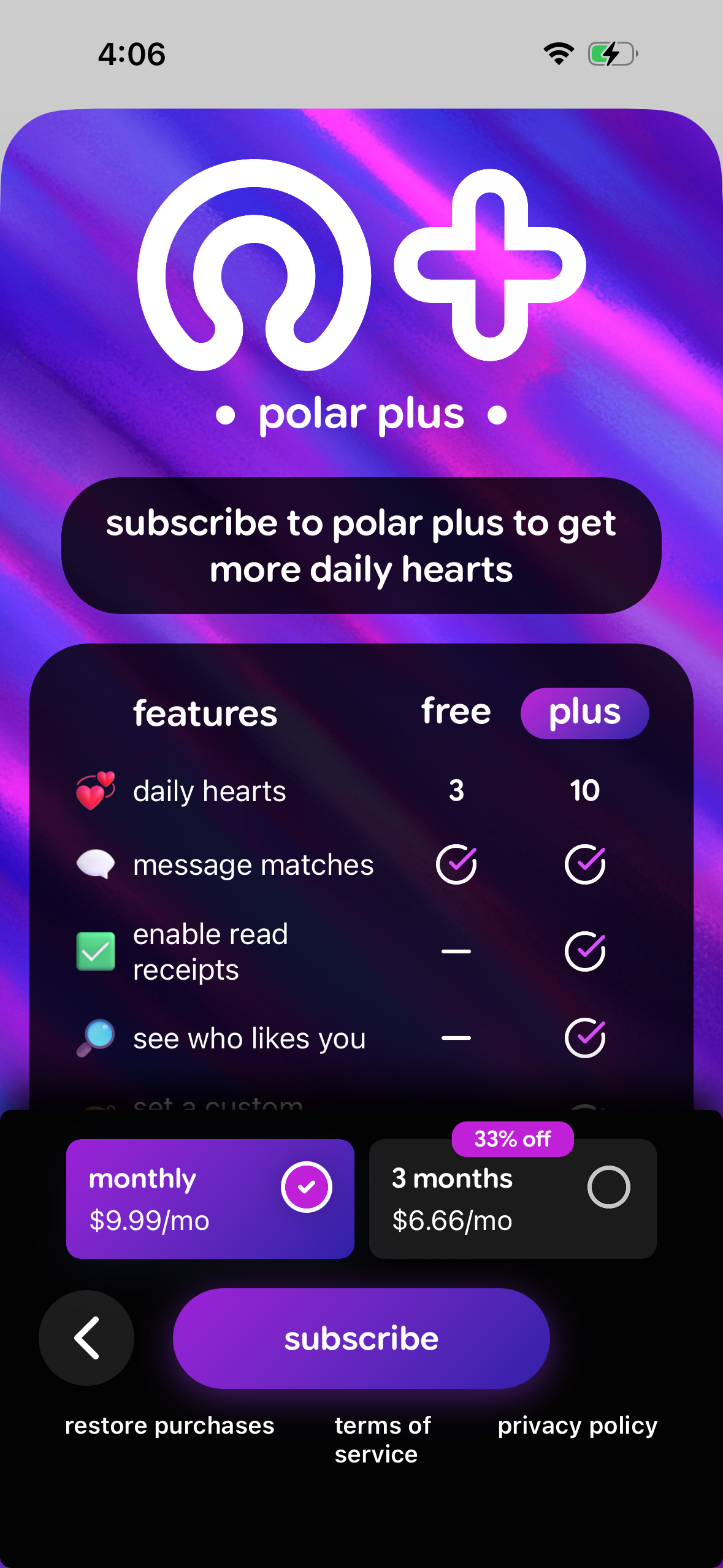 polar plus subscription screen showing the features comparison between free and plus