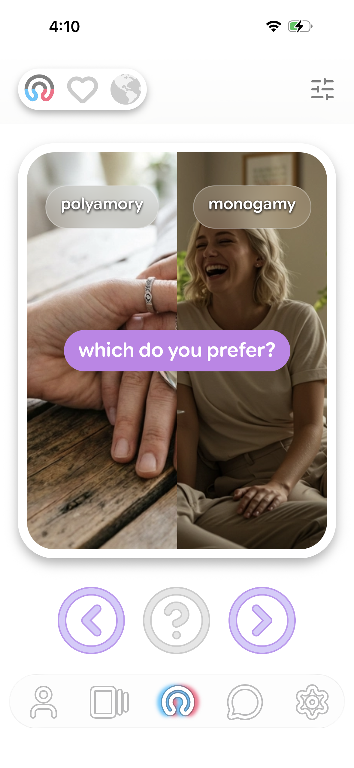 a versus card asking whether the user prefers polyamory or monogamy